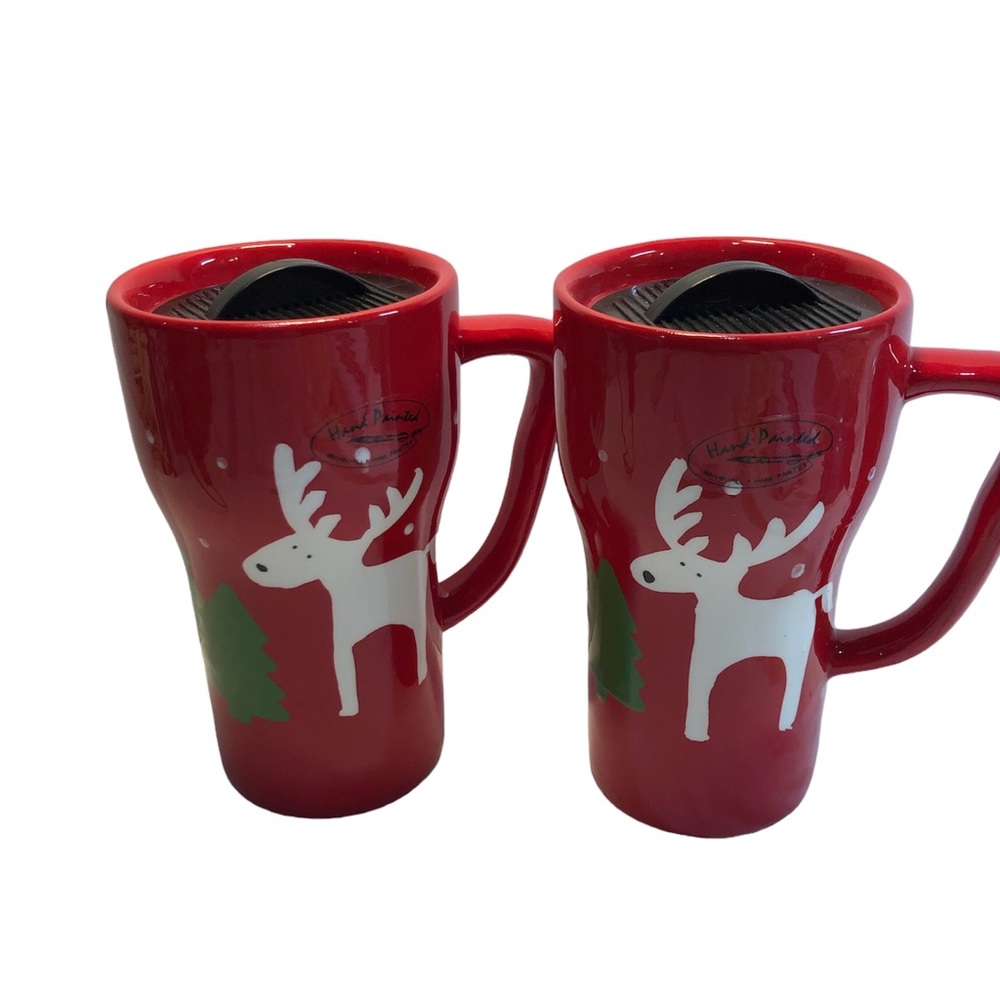Caso Vero Ceramic Travel Mugs With Lids Holiday Reindeer Christmas 6” Tall